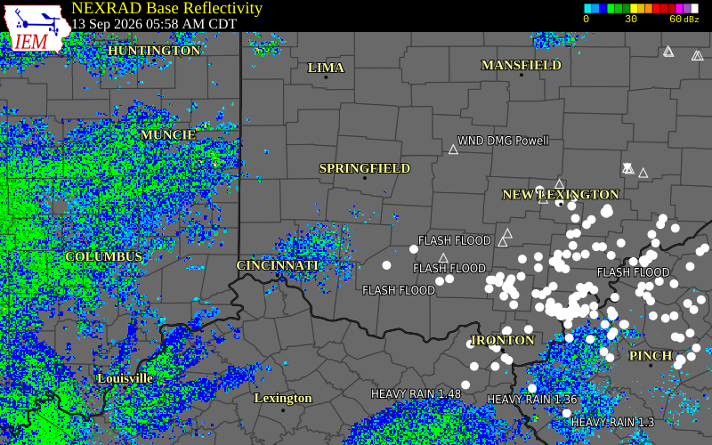Current NEXRAD radar over Greene County, Ohio with recent storm report locations