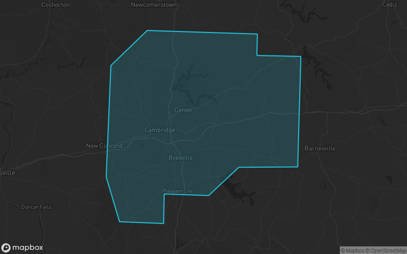 Map of Guernsey County, Ohio showing the county boundary and surrounding cities