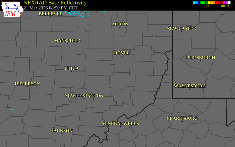NEXRAD radar during the Saturday, March 21, 2026 storm activity in Guernsey County, Ohio