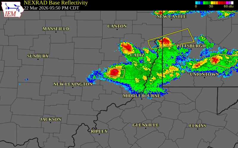 NEXRAD radar during the Sunday, March 22, 2026 storm activity in Guernsey County, Ohio