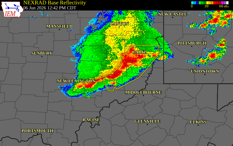 NEXRAD radar during the Saturday, June 6, 2026 storm activity in Guernsey County, Ohio