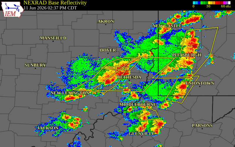 NEXRAD radar during the Thursday, June 11, 2026 storm activity in Guernsey County, Ohio