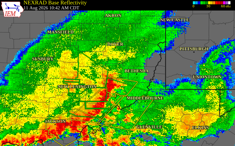 NEXRAD radar during the Tuesday, August 11, 2026 storm activity in Guernsey County, Ohio