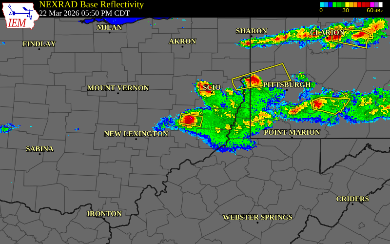 Radar snapshot during the Mar 22, 2026 hail event near Salesville, Guernsey County, Ohio, with NWS warning polygons