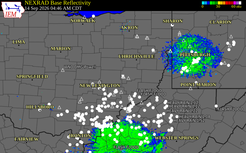 Current NEXRAD radar over Guernsey County, Ohio with recent storm report locations