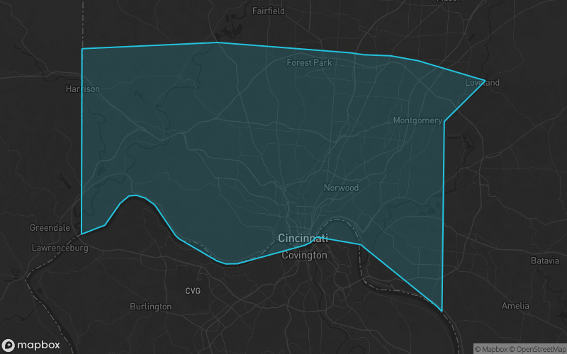 Map of Hamilton County, Ohio showing the county boundary and surrounding cities