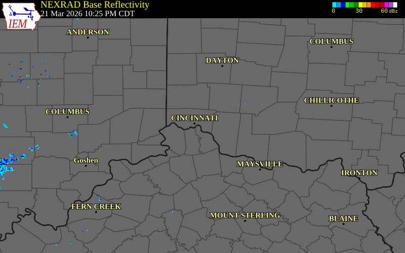 NEXRAD radar during the Saturday, March 21, 2026 storm activity in Hamilton County, Ohio