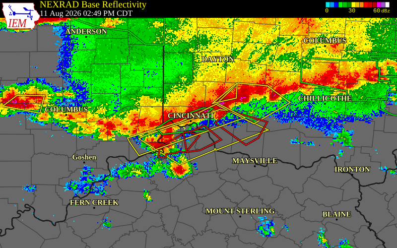 NEXRAD radar during the Tuesday, August 11, 2026 storm activity in Hamilton County, Ohio