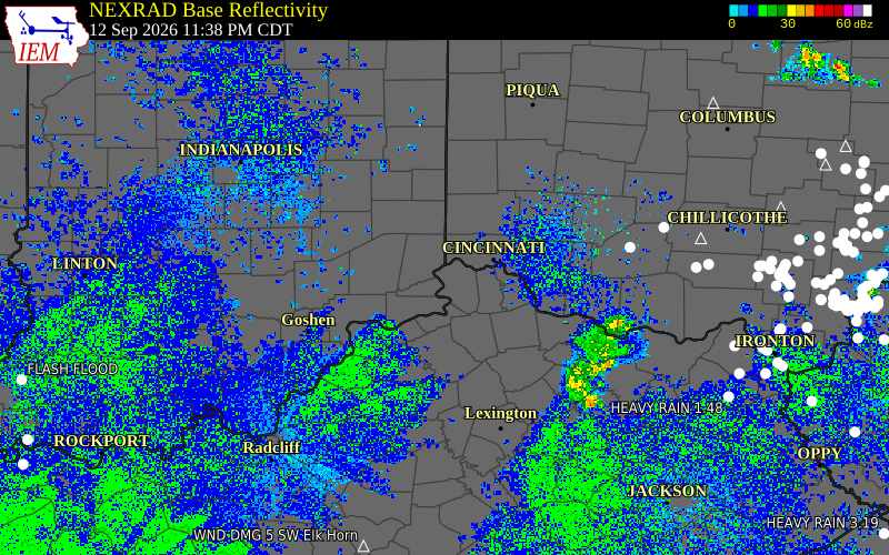 Current NEXRAD radar over Hamilton County, Ohio with recent storm report locations