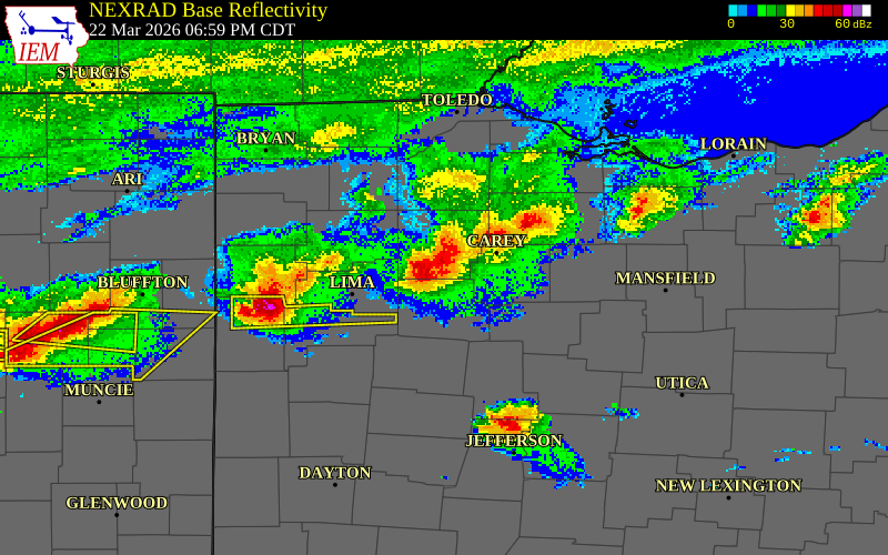 NEXRAD radar during the Sunday, March 22, 2026 storm activity in Hancock County, Ohio