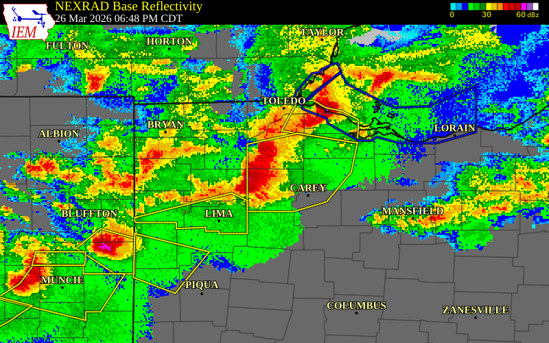 NEXRAD radar during the Thursday, March 26, 2026 storm activity in Hancock County, Ohio