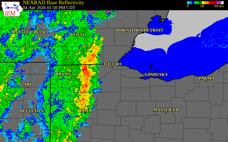 NEXRAD radar during the Saturday, April 4, 2026 storm activity in Hancock County, Ohio