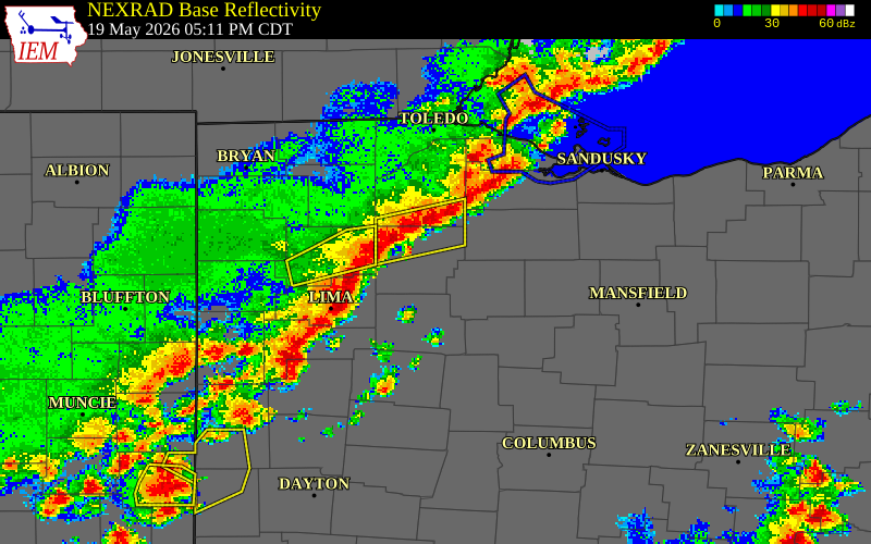NEXRAD radar during the Tuesday, May 19, 2026 storm activity in Hancock County, Ohio