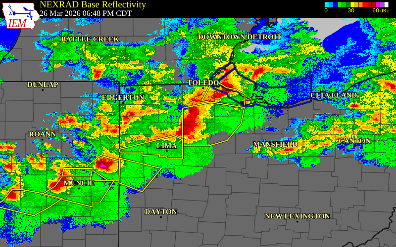 Radar snapshot during the Mar 26, 2026 hail event near 1 NW Van Buren, Hancock County, Ohio, with NWS warning polygons