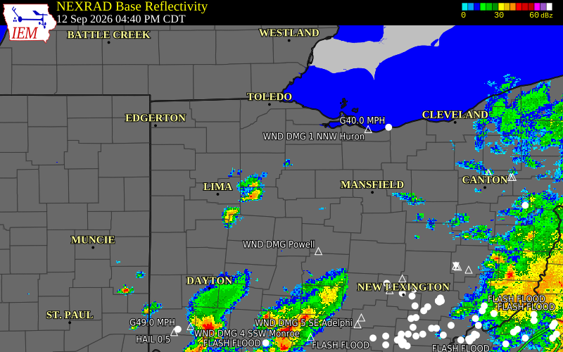 Current NEXRAD radar over Hancock County, Ohio with recent storm report locations