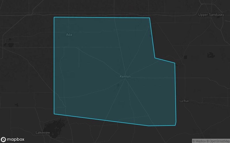Map of Hardin County, Ohio showing the county boundary and surrounding cities