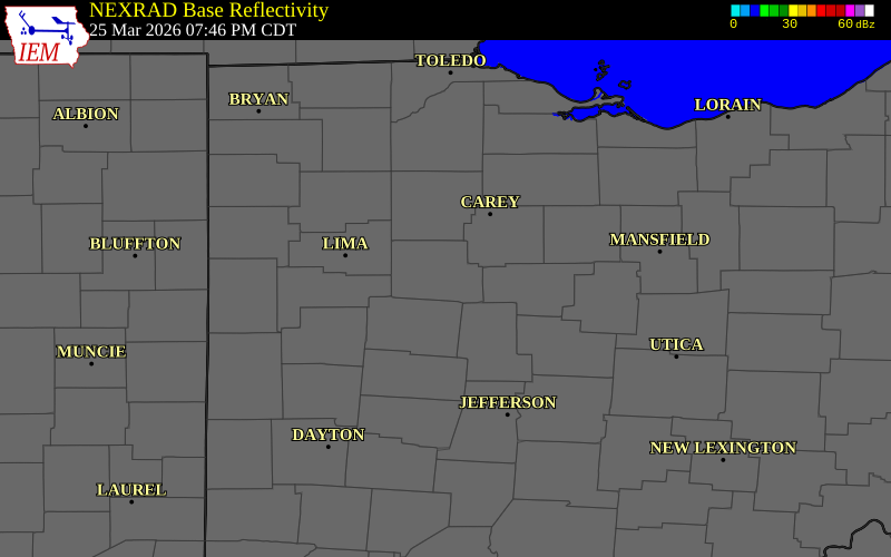 NEXRAD radar during the Wednesday, March 25, 2026 storm activity in Hardin County, Ohio