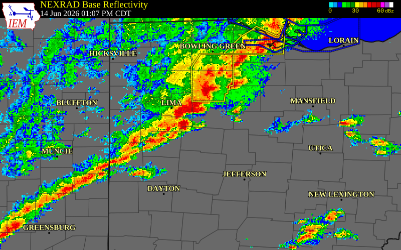 NEXRAD radar during the Sunday, June 14, 2026 storm activity in Hardin County, Ohio
