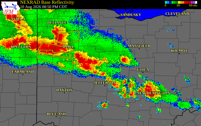 NEXRAD radar during the Monday, August 10, 2026 storm activity in Hardin County, Ohio