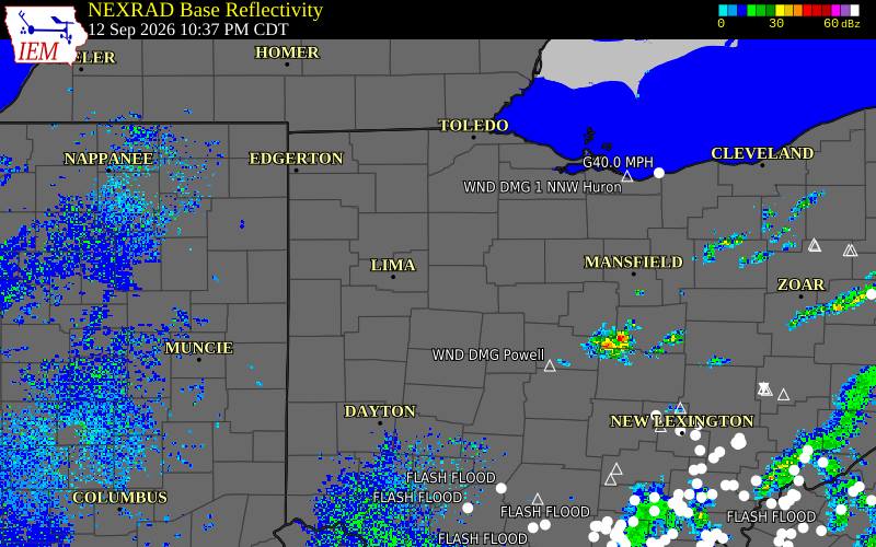 Current NEXRAD radar over Hardin County, Ohio with recent storm report locations