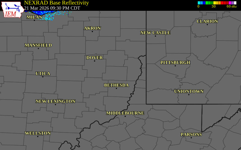 NEXRAD radar during the Saturday, March 21, 2026 storm activity in Harrison County, Ohio