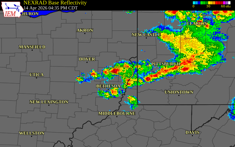 NEXRAD radar during the Tuesday, April 14, 2026 storm activity in Harrison County, Ohio
