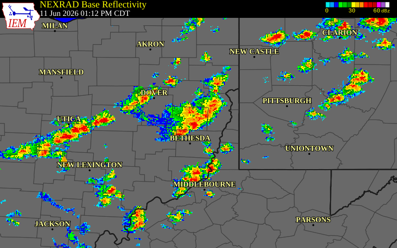 NEXRAD radar during the Thursday, June 11, 2026 storm activity in Harrison County, Ohio