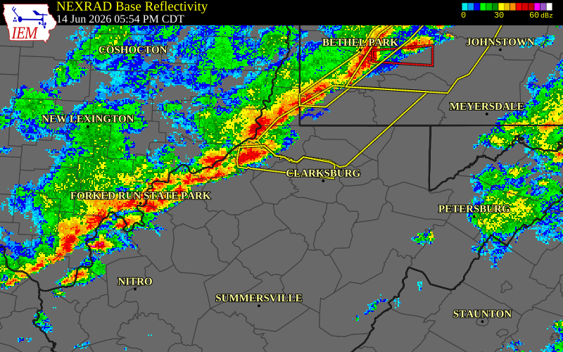 NEXRAD radar during the Sunday, June 14, 2026 storm activity in Harrison County, Ohio