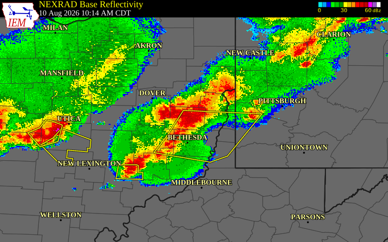 NEXRAD radar during the Monday, August 10, 2026 storm activity in Harrison County, Ohio