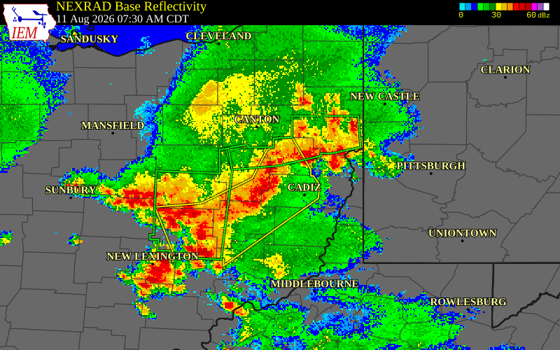NEXRAD radar during the Tuesday, August 11, 2026 storm activity in Harrison County, Ohio