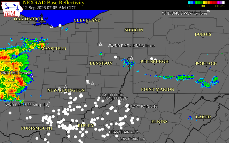 Current NEXRAD radar over Harrison County, Ohio with recent storm report locations