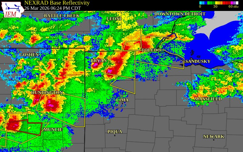 NEXRAD radar during the Thursday, March 26, 2026 storm activity in Henry County, Ohio