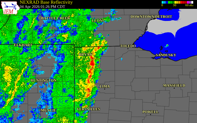 NEXRAD radar during the Saturday, April 4, 2026 storm activity in Henry County, Ohio