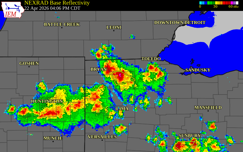 NEXRAD radar during the Wednesday, April 22, 2026 storm activity in Henry County, Ohio