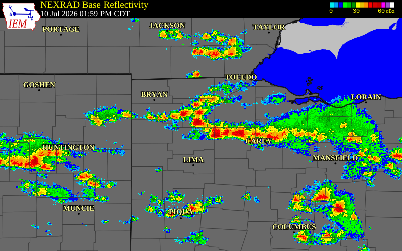 NEXRAD radar during the Friday, July 10, 2026 storm activity in Henry County, Ohio