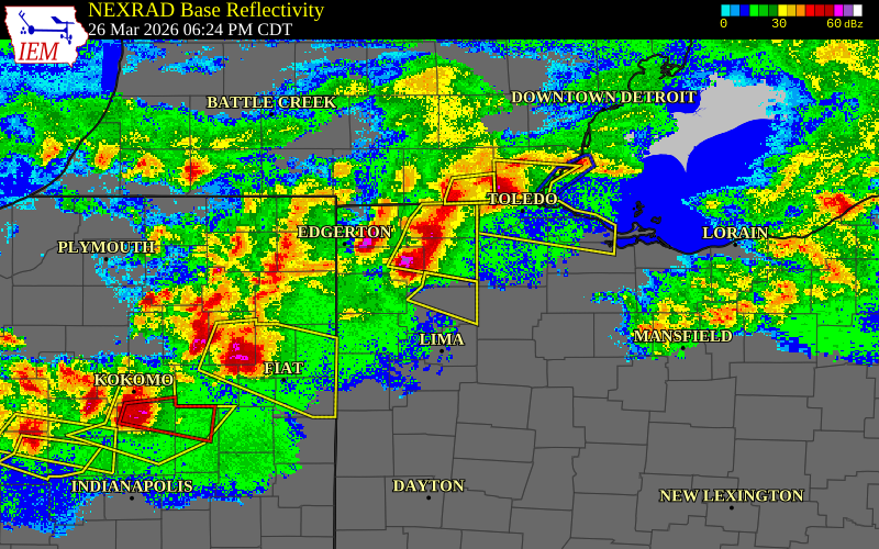 Radar snapshot during the Mar 26, 2026 hail event near Holgate, Henry County, Ohio, with NWS warning polygons