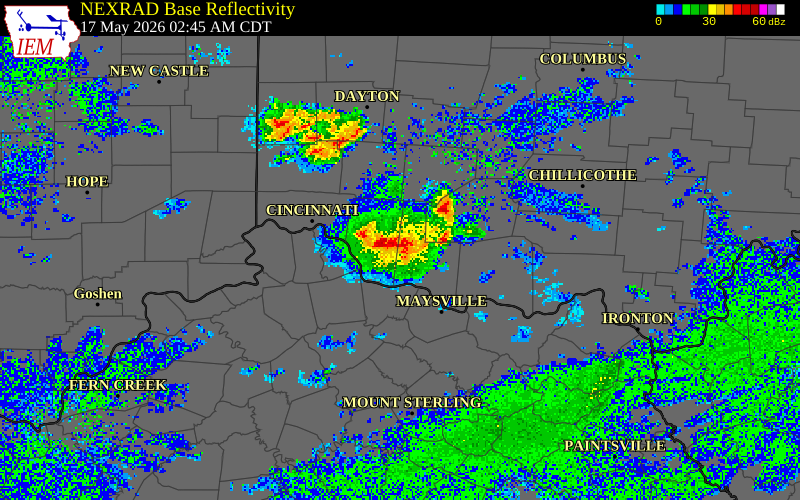 NEXRAD radar during the Sunday, May 17, 2026 storm activity in Highland County, Ohio