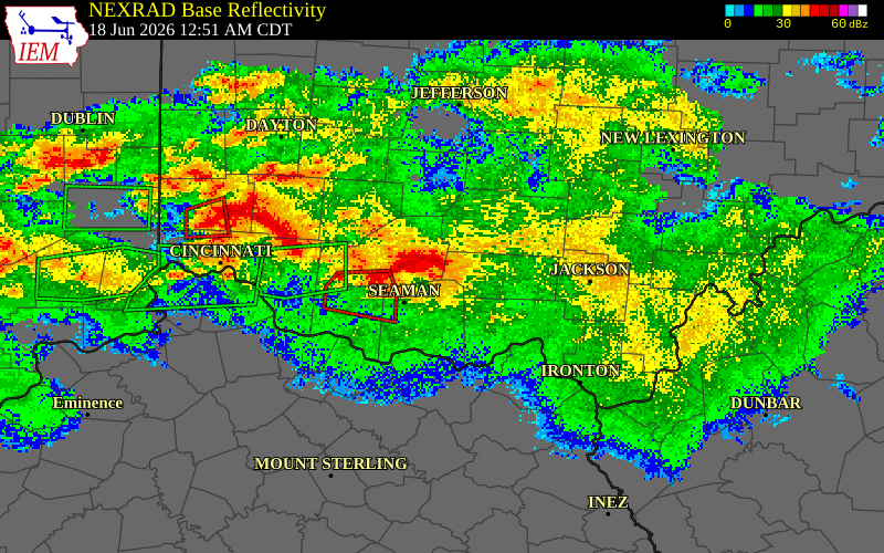 NEXRAD radar during the Thursday, June 18, 2026 storm activity in Highland County, Ohio