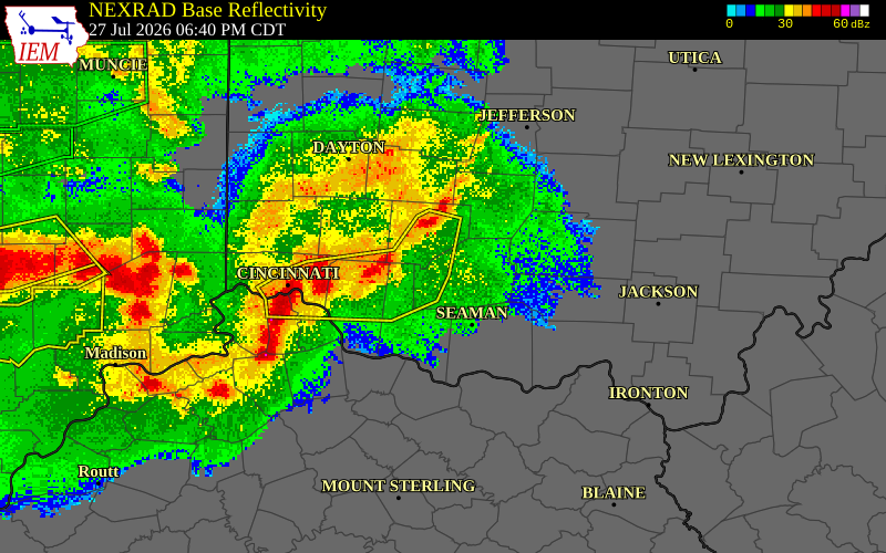 NEXRAD radar during the Monday, July 27, 2026 storm activity in Highland County, Ohio