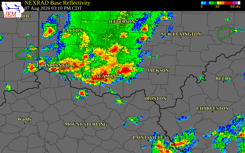 NEXRAD radar during the Friday, August 7, 2026 storm activity in Highland County, Ohio