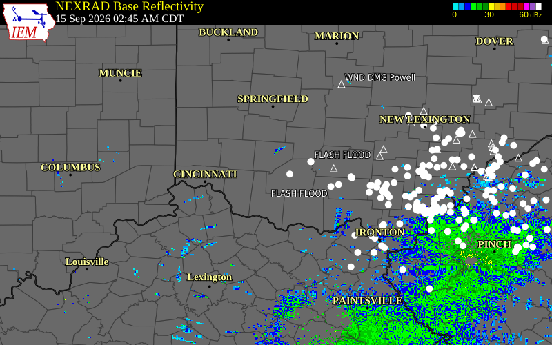 Current NEXRAD radar over Highland County, Ohio with recent storm report locations