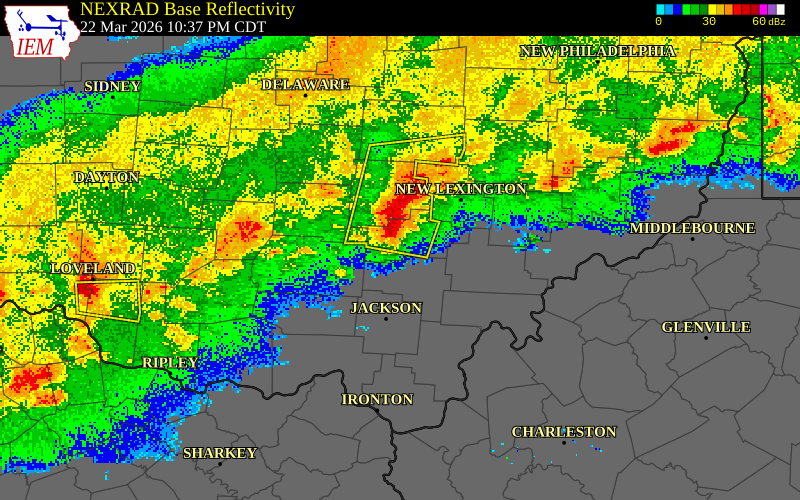 NEXRAD radar during the Sunday, March 22, 2026 storm activity in Hocking County, Ohio