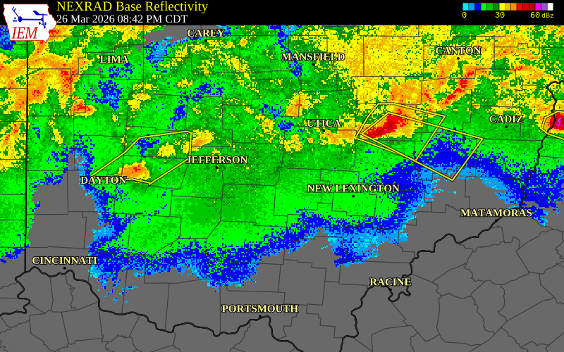 NEXRAD radar during the Thursday, March 26, 2026 storm activity in Hocking County, Ohio