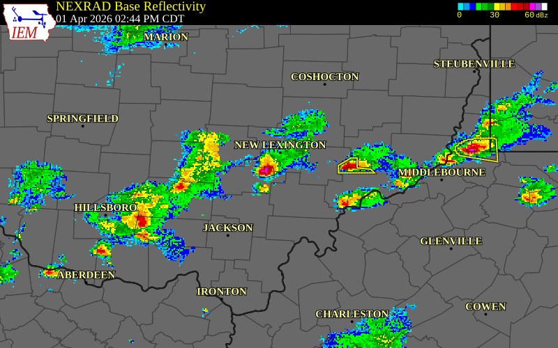 NEXRAD radar during the Wednesday, April 1, 2026 storm activity in Hocking County, Ohio