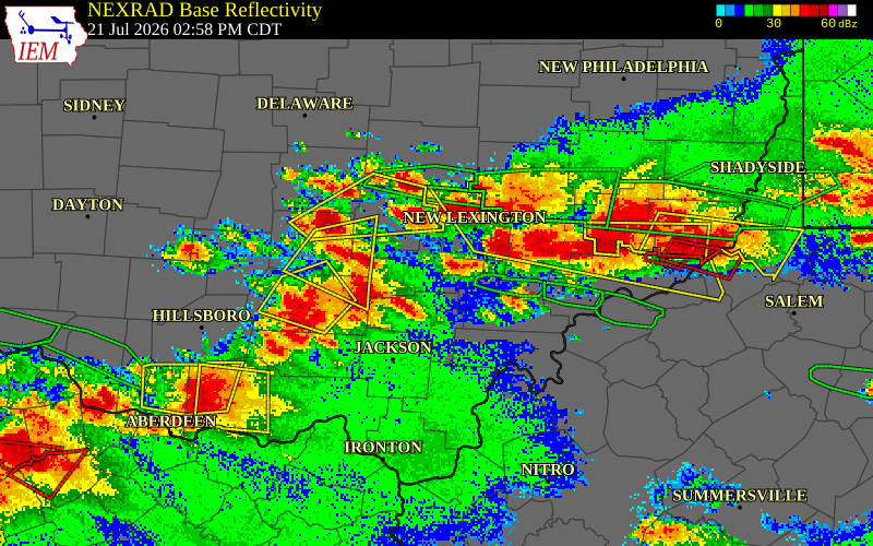NEXRAD radar during the Tuesday, July 21, 2026 storm activity in Hocking County, Ohio