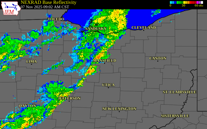 NEXRAD radar during the Friday, November 7, 2025 storm activity in Holmes County, Ohio