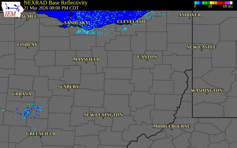 NEXRAD radar during the Saturday, March 21, 2026 storm activity in Holmes County, Ohio