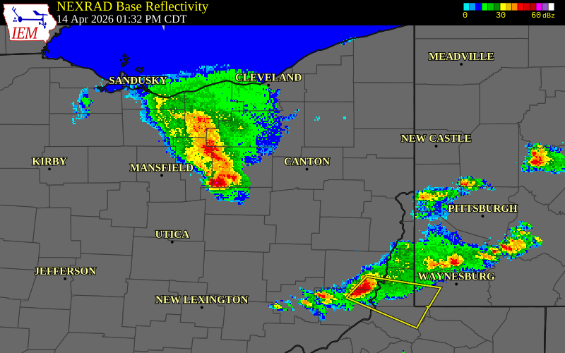 NEXRAD radar during the Tuesday, April 14, 2026 storm activity in Holmes County, Ohio
