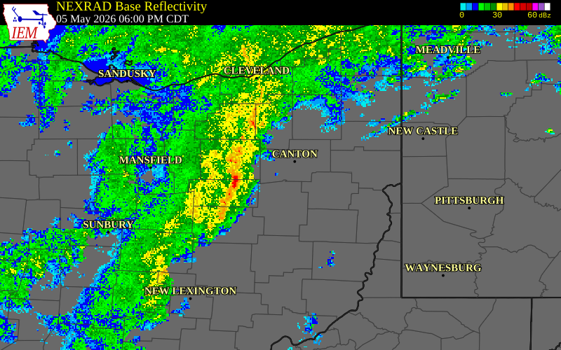 NEXRAD radar during the Tuesday, May 5, 2026 storm activity in Holmes County, Ohio