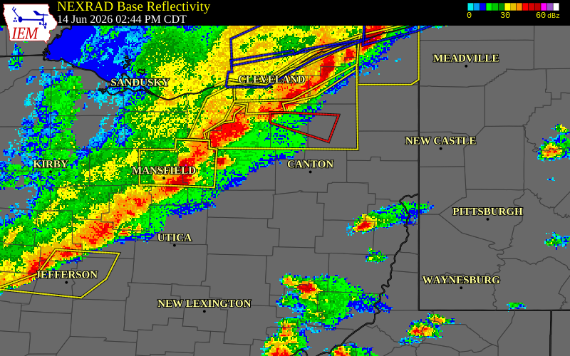 NEXRAD radar during the Sunday, June 14, 2026 storm activity in Holmes County, Ohio